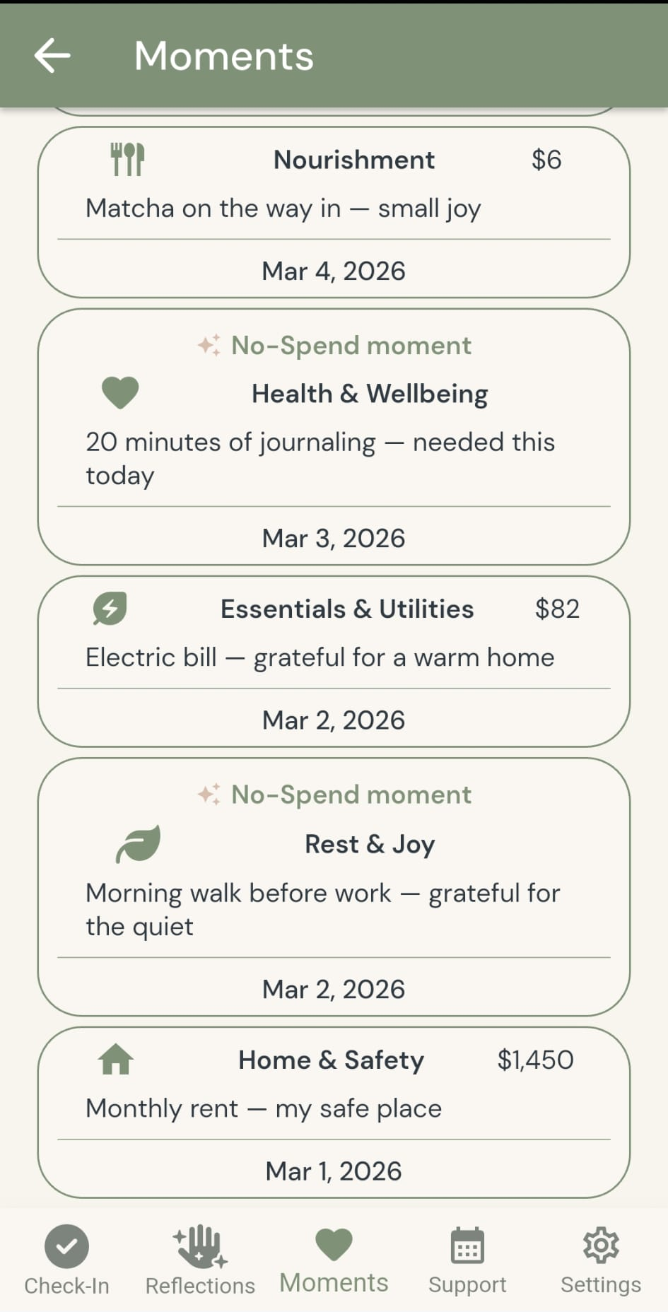 Spend Moments page showing real logged moments for May 2026